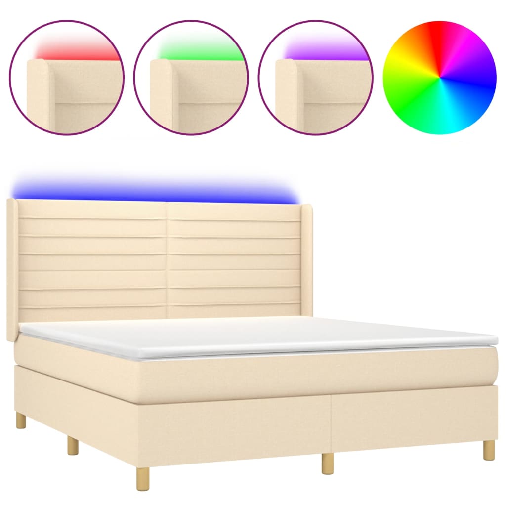 vidaXL Κρεβάτι Boxspring με Στρώμα & LED Κρεμ 180x200 εκ. Υφασμάτινο