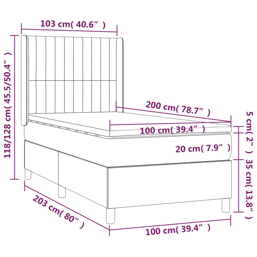 vidaXL Κρεβάτι Boxspring με Στρώμα & LED Κρεμ 100x200 εκ. Υφασμάτινο