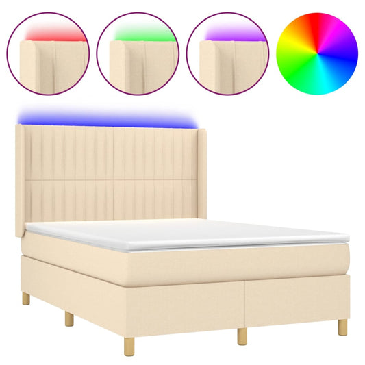 vidaXL Κρεβάτι Boxspring με Στρώμα & LED Κρεμ 140x190 εκ. Υφασμάτινο