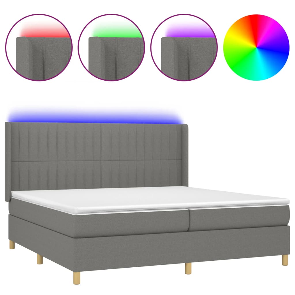 vidaXL Κρεβάτι Boxspring με Στρώμα & LED Σκ.Γκρι 200x200εκ. Υφασμάτινο