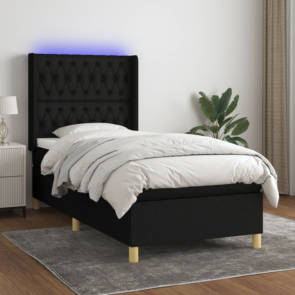 vidaXL Κρεβάτι Boxspring με Στρώμα & LED Μαύρο 100x200 εκ. Υφασμάτινο