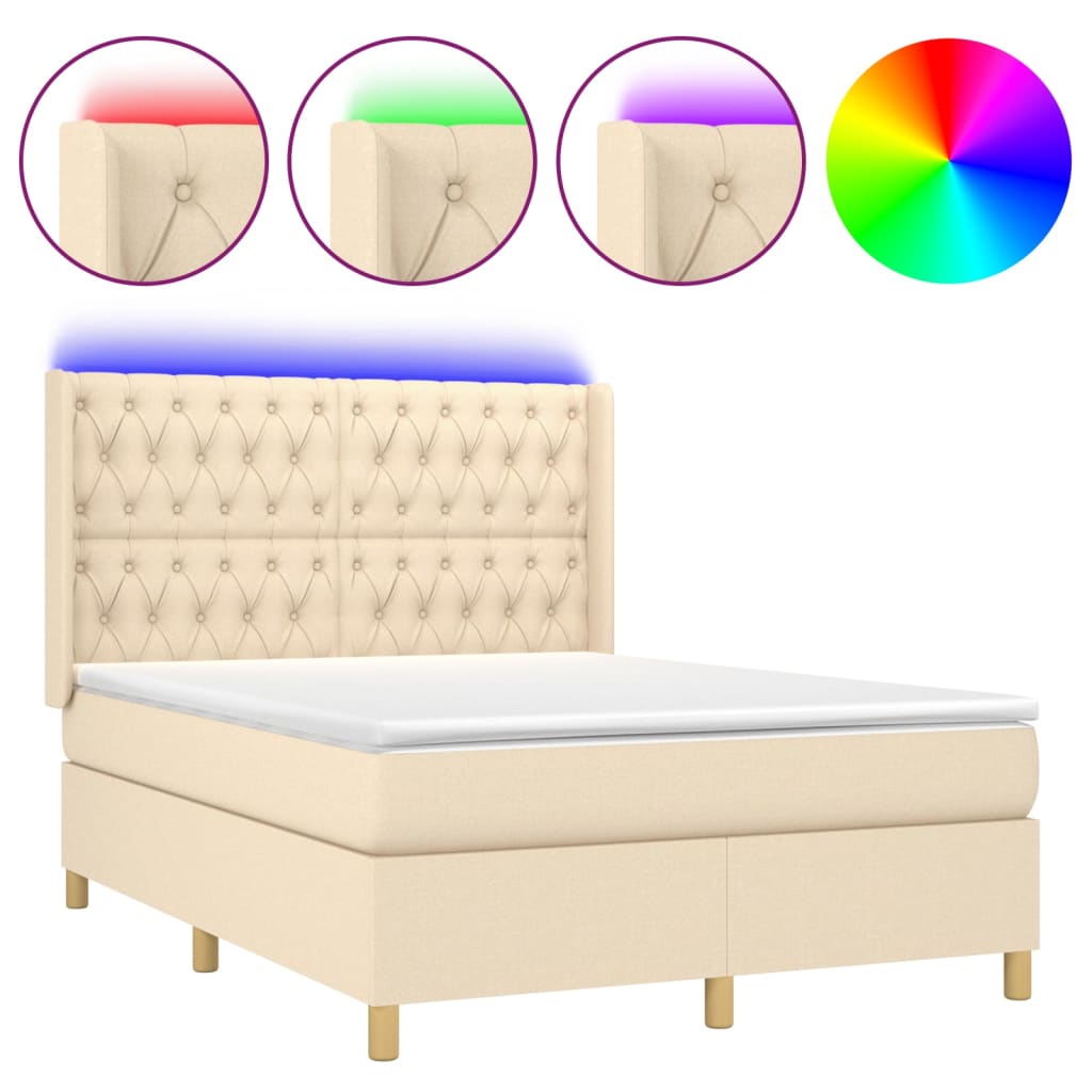 vidaXL Κρεβάτι Boxspring με Στρώμα & LED Κρεμ 140x190 εκ. Υφασμάτινο
