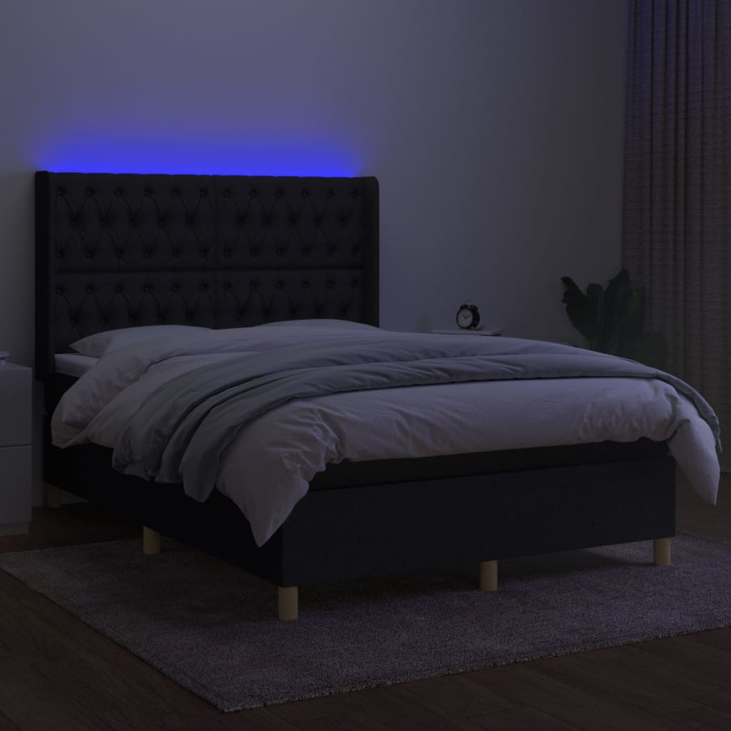 vidaXL Κρεβάτι Boxspring με Στρώμα & LED Μαύρο 140x200 εκ. Υφασμάτινο