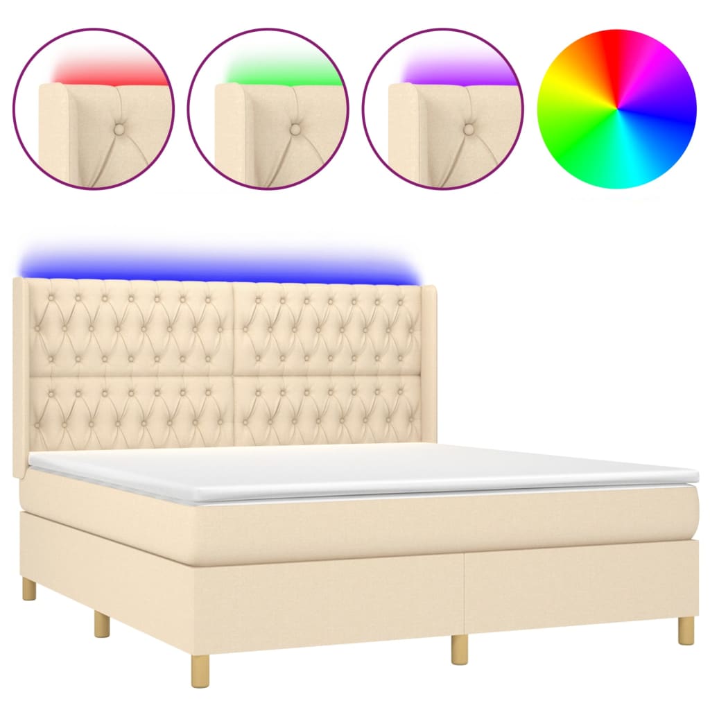 vidaXL Κρεβάτι Boxspring με Στρώμα & LED Κρεμ 180x200 εκ. Υφασμάτινο