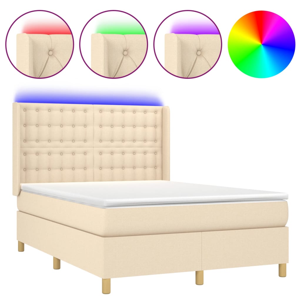vidaXL Κρεβάτι Boxspring με Στρώμα & LED Κρεμ 140x200 εκ. Υφασμάτινο