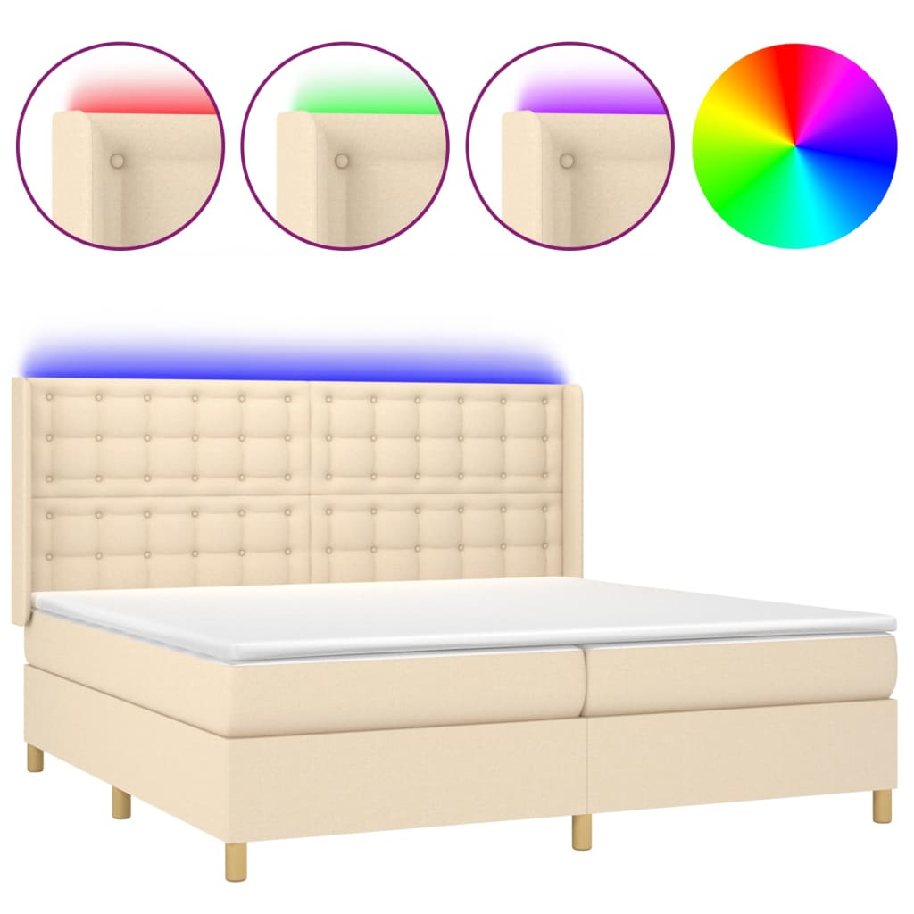 vidaXL Κρεβάτι Boxspring με Στρώμα & LED Κρεμ 200x200 εκ. Υφασμάτινο