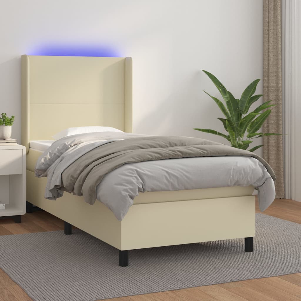 vidaXL Κρεβάτι Boxspring με Στρώμα & LED Κρεμ 90x190 εκ. Συνθ. Δέρμα