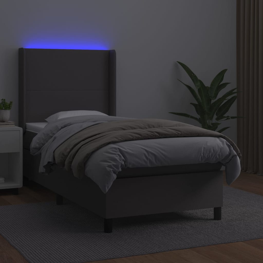 vidaXL Κρεβάτι Boxspring με Στρώμα & LED Γκρι 90x200 εκ. Συνθ. Δέρμα