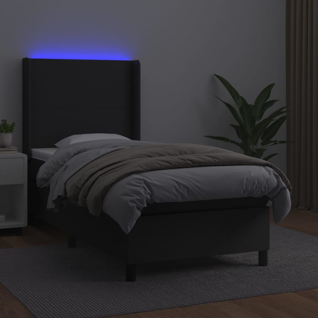 vidaXL Κρεβάτι Boxspring με Στρώμα & LED Μαύρο 100x200 εκ. Συνθ. Δέρμα