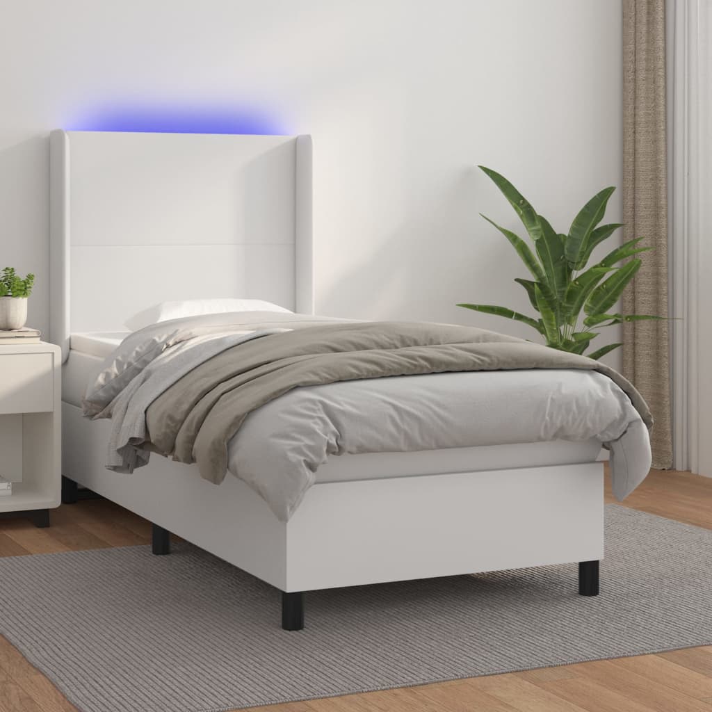 vidaXL Κρεβάτι Boxspring με Στρώμα & LED Λευκό 100x200 εκ. Συνθ. Δέρμα