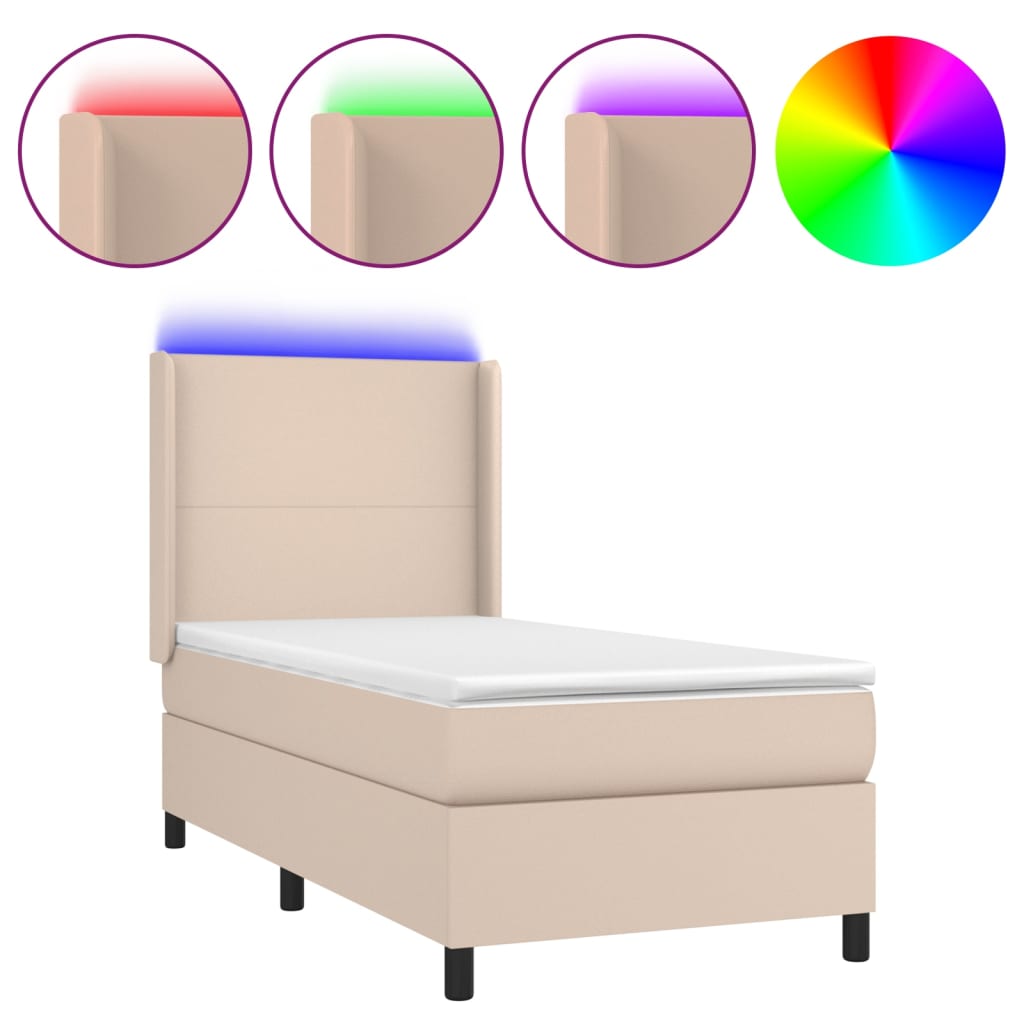vidaXL Κρεβάτι Boxspring Στρώμα&LED Καπουτσίνο 100x200 εκ. Συνθ. Δέρμα