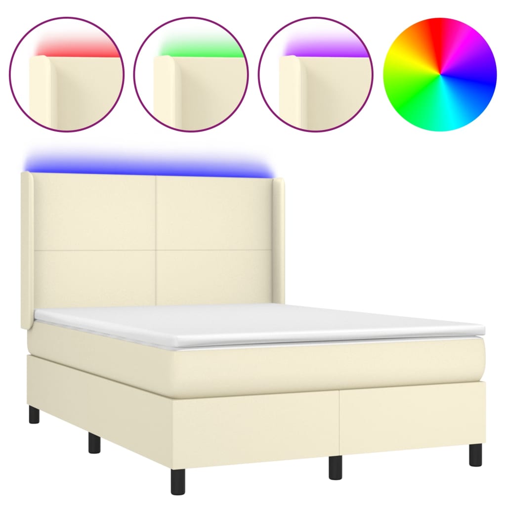 vidaXL Κρεβάτι Boxspring με Στρώμα & LED Κρεμ 140x190 εκ. Συνθ. Δέρμα