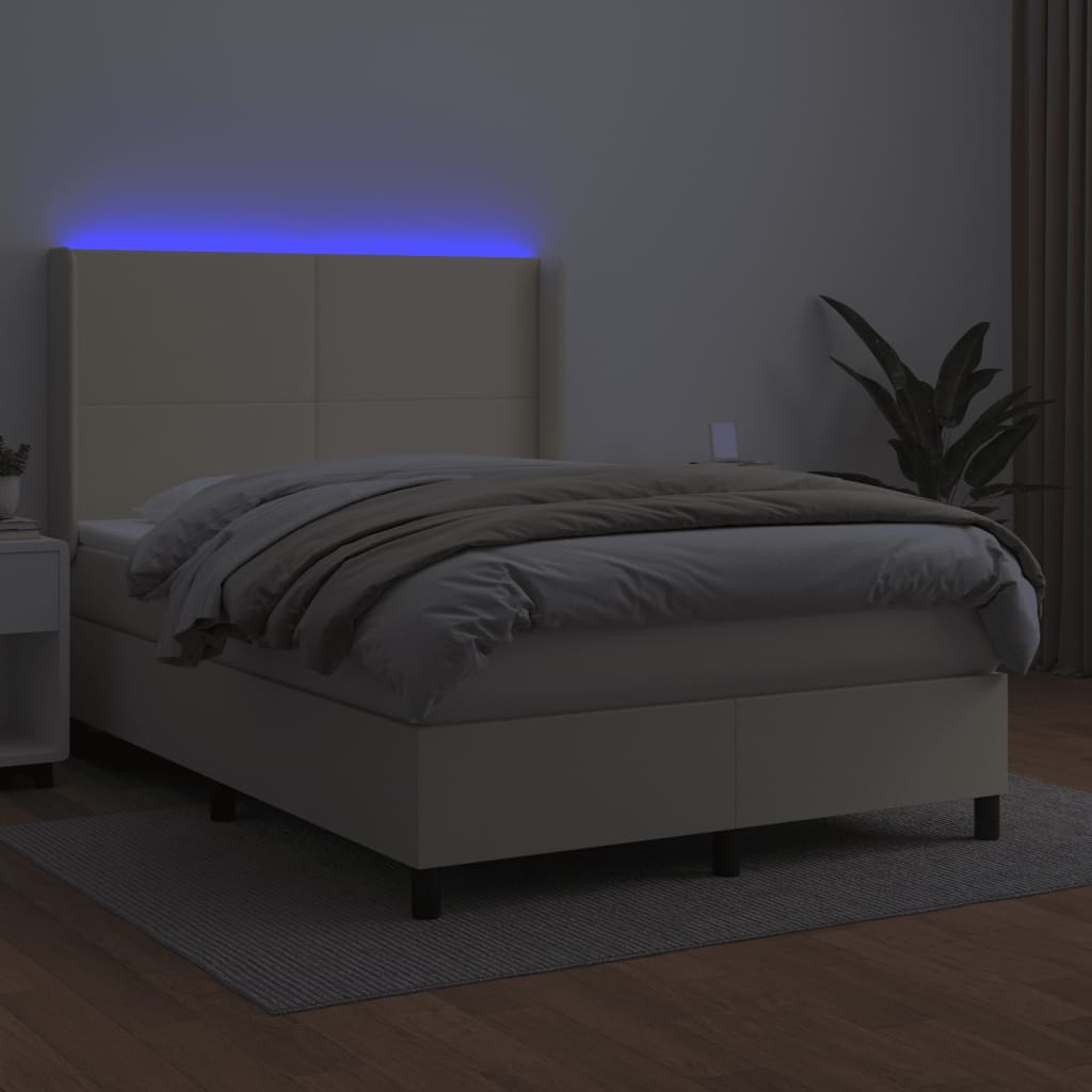 vidaXL Κρεβάτι Boxspring με Στρώμα & LED Κρεμ 140x200 εκ. Συνθ. Δέρμα