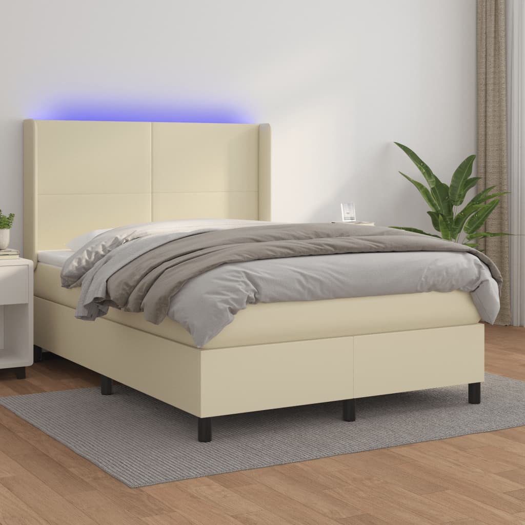 vidaXL Κρεβάτι Boxspring με Στρώμα & LED Κρεμ 140x200 εκ. Συνθ. Δέρμα