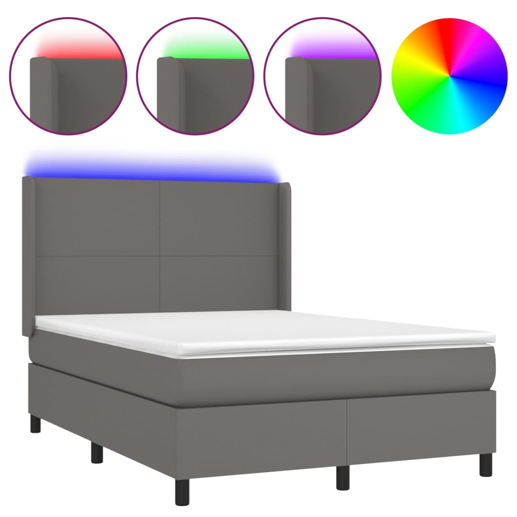 vidaXL Κρεβάτι Boxspring με Στρώμα & LED Γκρι 140x200 εκ. Συνθ. Δέρμα