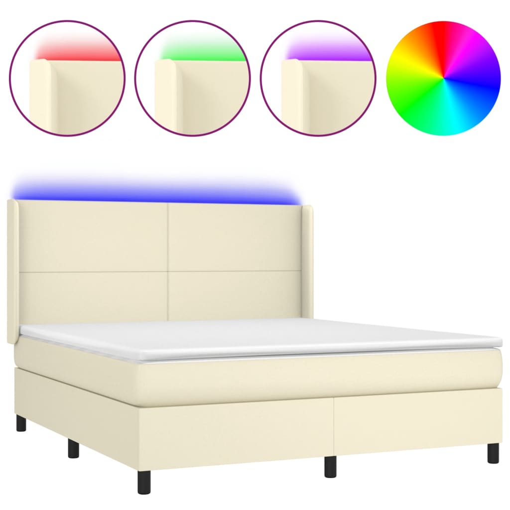 vidaXL Κρεβάτι Boxspring με Στρώμα & LED Κρεμ 180x200 εκ. Συνθ. Δέρμα