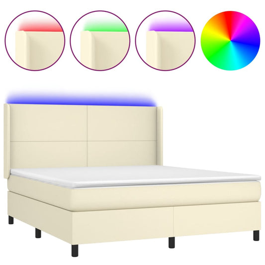 vidaXL Κρεβάτι Boxspring με Στρώμα & LED Κρεμ 180x200 εκ. Συνθ. Δέρμα