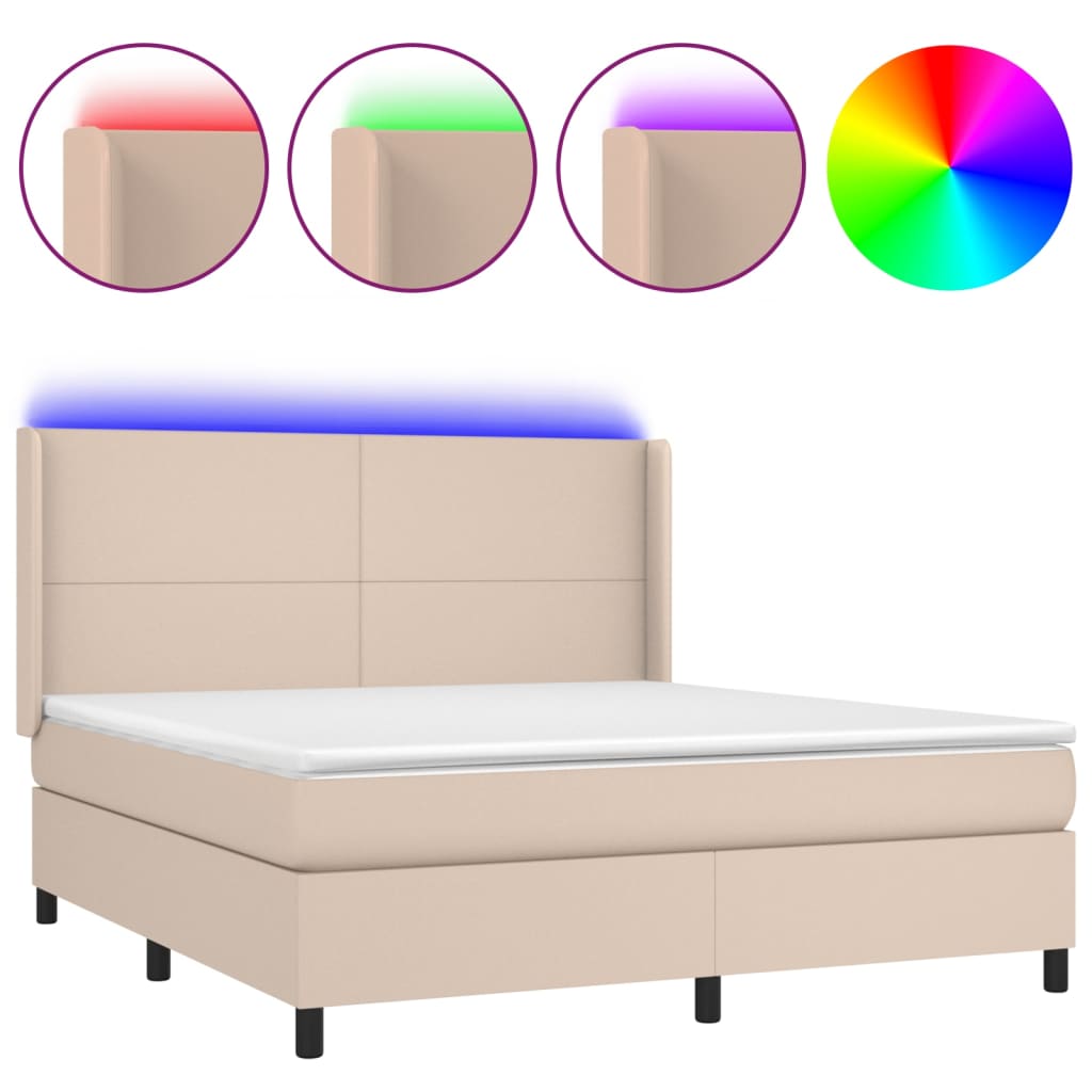 vidaXL Κρεβάτι Boxspring Στρώμα&LED Καπουτσίνο 180x200 εκ. Συνθ. Δέρμα