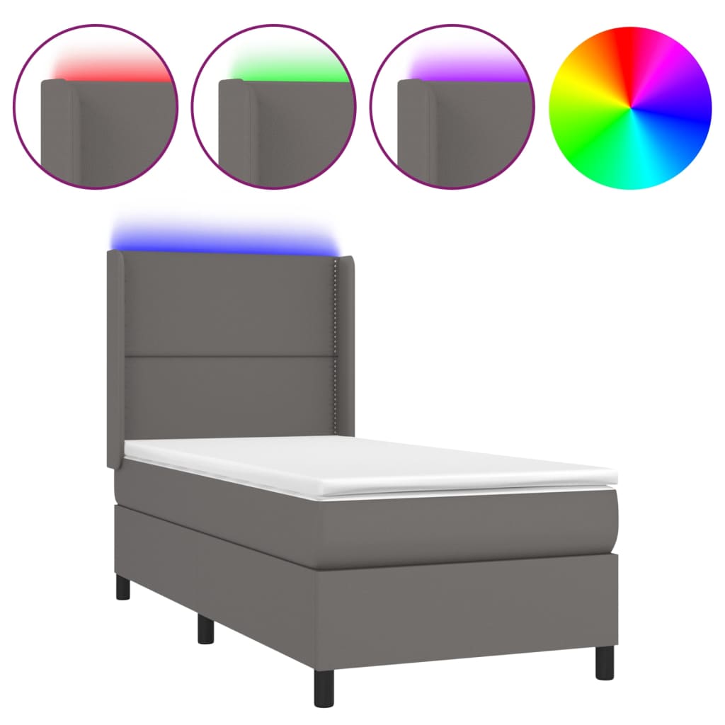 vidaXL Κρεβάτι Boxspring με Στρώμα & LED Γκρι 90x200 εκ. Συνθ. Δέρμα