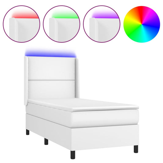 vidaXL Κρεβάτι Boxspring με Στρώμα & LED Λευκό 100x200 εκ. Συνθ. Δέρμα
