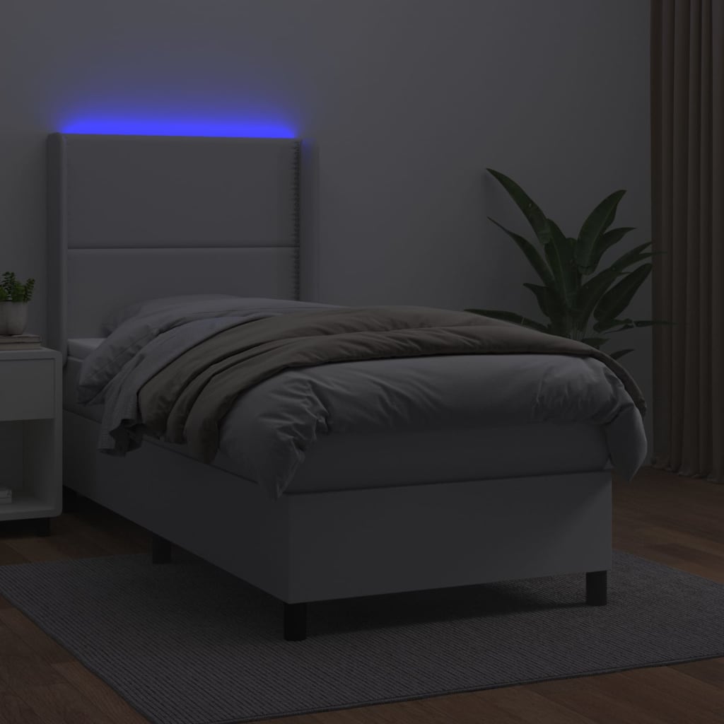 vidaXL Κρεβάτι Boxspring με Στρώμα & LED Λευκό 100x200 εκ. Συνθ. Δέρμα