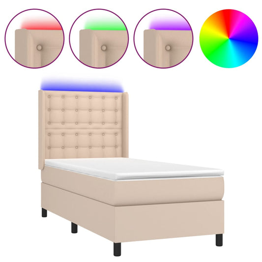 vidaXL Κρεβάτι Boxspring Στρώμα&LED Καπουτσίνο 90x190 εκ. Συνθ. Δέρμα