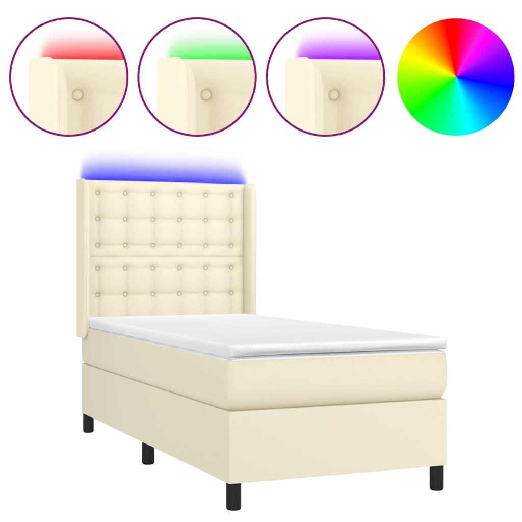 vidaXL Κρεβάτι Boxspring με Στρώμα & LED Κρεμ 90x200 εκ. Συνθ. Δέρμα