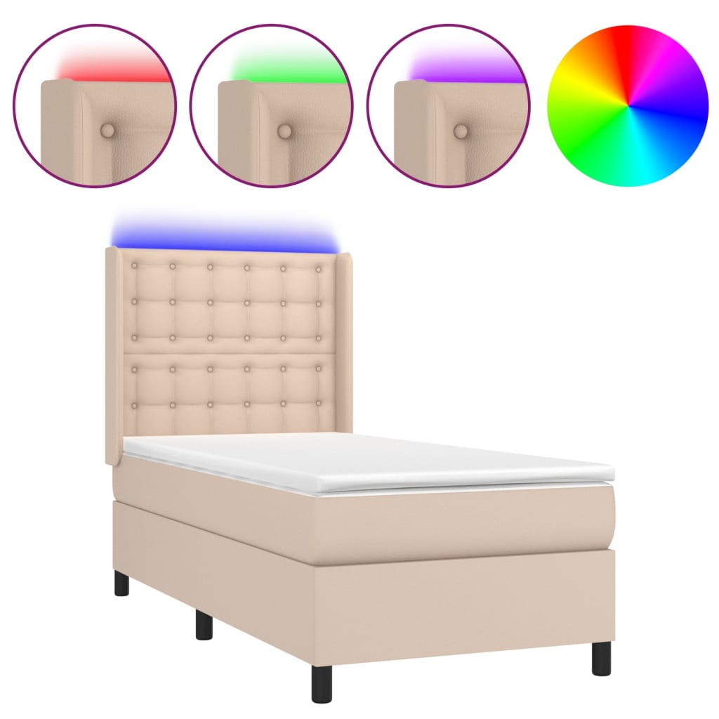 vidaXL Κρεβάτι Boxspring Στρώμα&LED Καπουτσίνο 90x200 εκ. Συνθ. Δέρμα