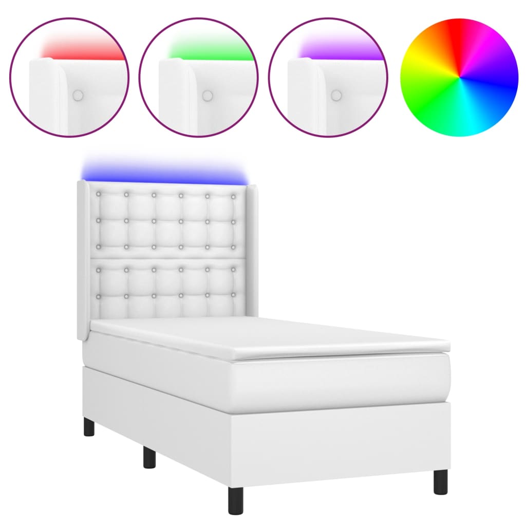 vidaXL Κρεβάτι Boxspring με Στρώμα & LED Λευκό 100x200 εκ. Συνθ. Δέρμα