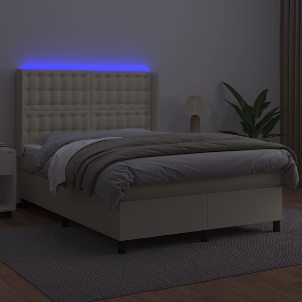 vidaXL Κρεβάτι Boxspring με Στρώμα & LED Κρεμ 140x190 εκ. Συνθ. Δέρμα