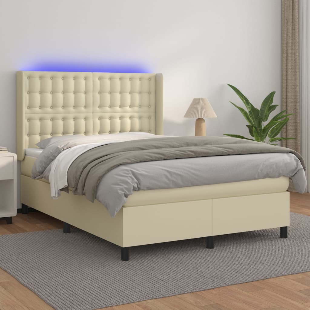vidaXL Κρεβάτι Boxspring με Στρώμα & LED Κρεμ 140x190 εκ. Συνθ. Δέρμα