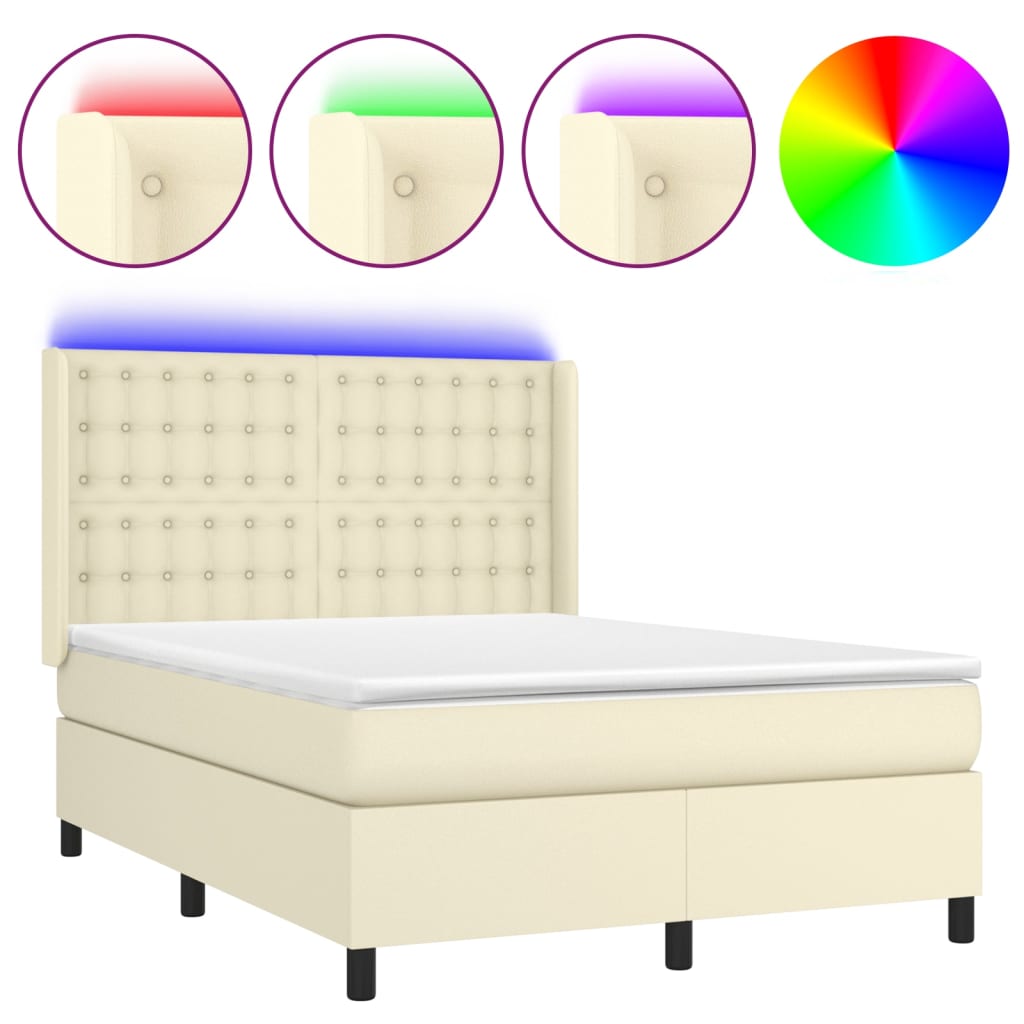 vidaXL Κρεβάτι Boxspring με Στρώμα & LED Κρεμ 140x200 εκ. Συνθ. Δέρμα