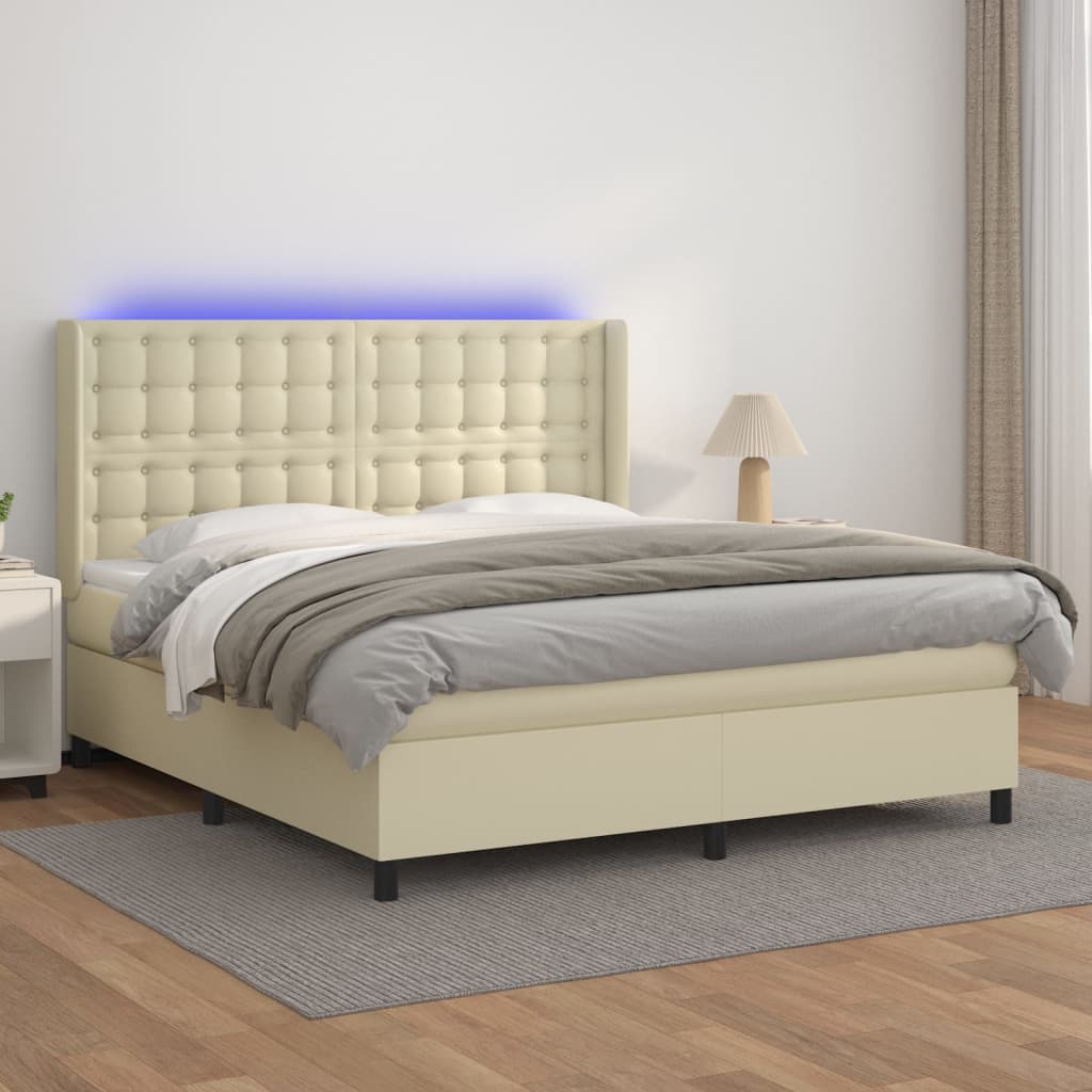 vidaXL Κρεβάτι Boxspring με Στρώμα & LED Κρεμ 160x200 εκ. Συνθ. Δέρμα
