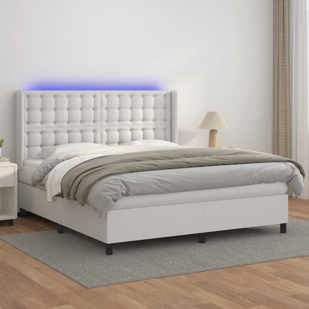 vidaXL Κρεβάτι Boxspring με Στρώμα & LED Λευκό 180x200 εκ. Συνθ. Δέρμα