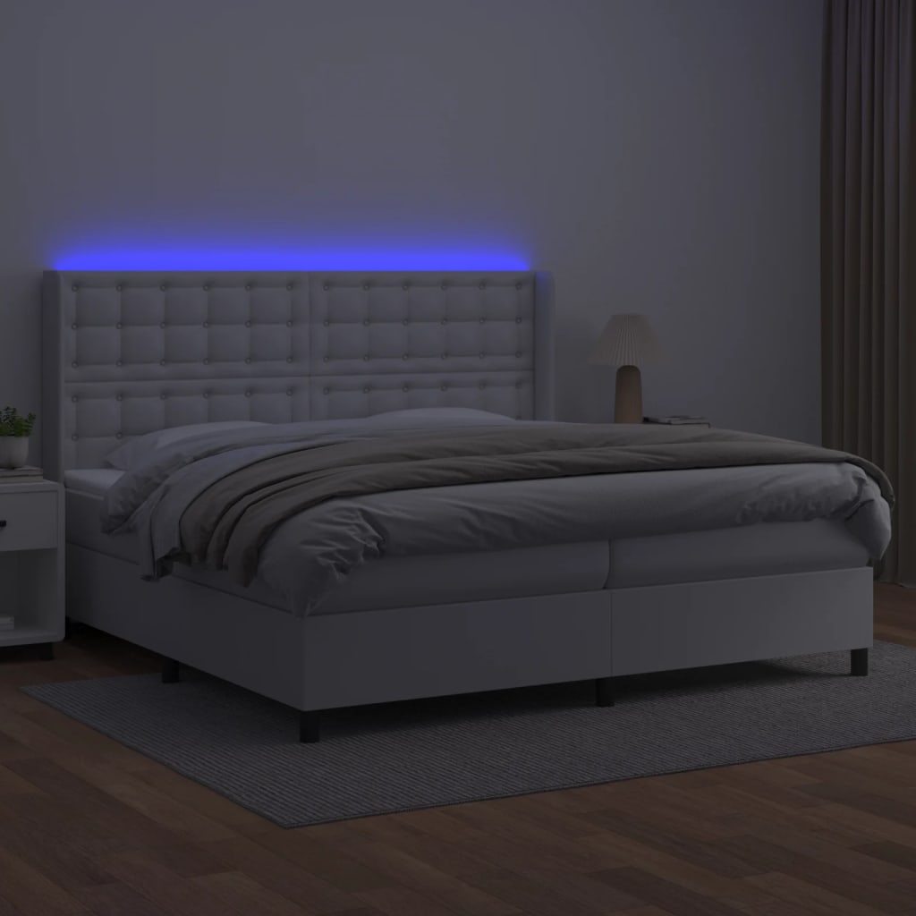 vidaXL Κρεβάτι Boxspring με Στρώμα & LED Λευκό 200x200 εκ. Συνθ. Δέρμα