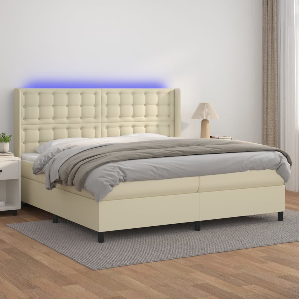 vidaXL Κρεβάτι Boxspring με Στρώμα & LED Κρεμ 200x200 εκ. Συνθ. Δέρμα