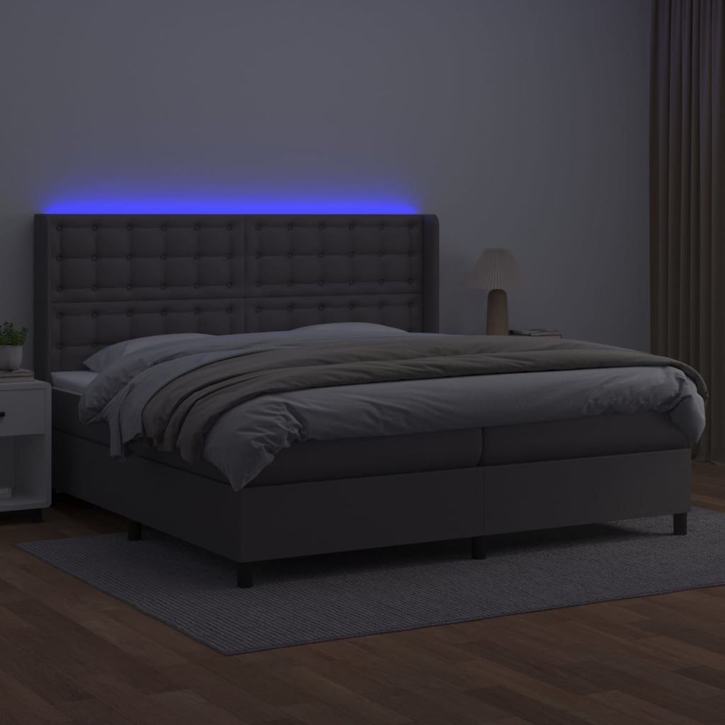 vidaXL Κρεβάτι Boxspring με Στρώμα & LED Γκρι 200x200 εκ. Συνθ. Δέρμα