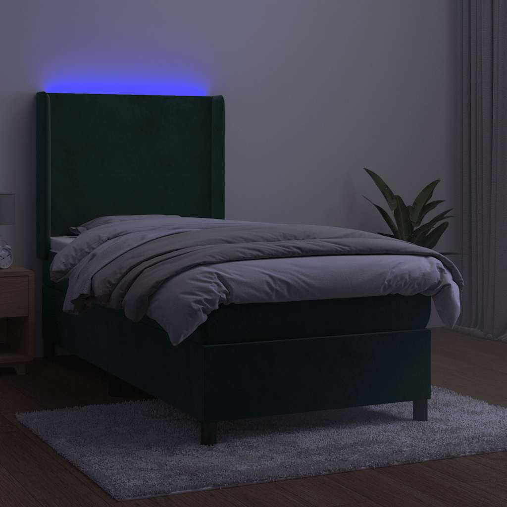 vidaXL Κρεβάτι Boxspring με Στρώμα & LED Σκ. Πράσινο 80x200 εκ Βελούδο