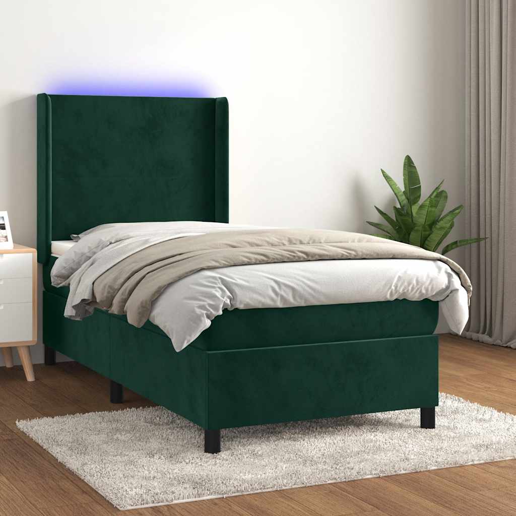 vidaXL Κρεβάτι Boxspring με Στρώμα & LED Σκ. Πράσινο 80x200 εκ Βελούδο