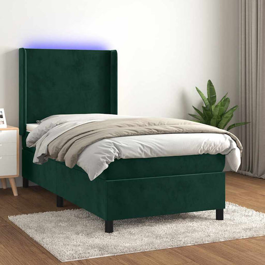 vidaXL Κρεβάτι Boxspring με Στρώμα & LED Σκ. Πράσινο 80x200 εκ Βελούδο