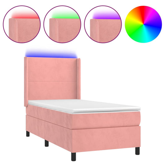 vidaXL Κρεβάτι Boxspring με Στρώμα & LED Ροζ 80 x 200 εκ. Βελούδινο