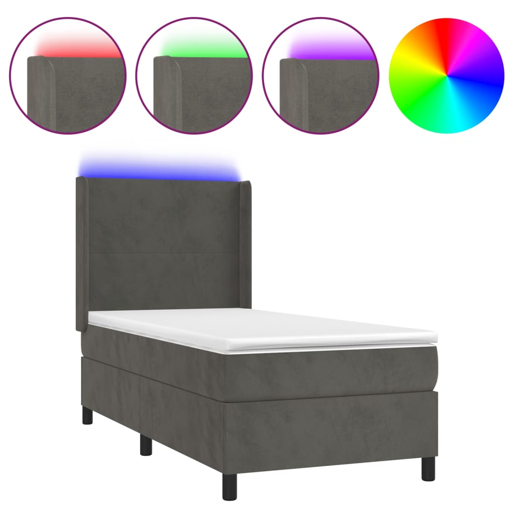 vidaXL Κρεβάτι Boxspring με Στρώμα & LED Σκ. Γκρι 90x190 εκ. Βελούδινο
