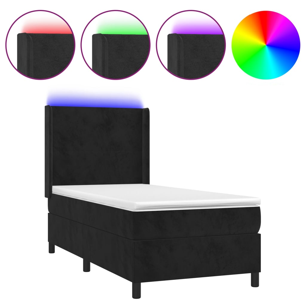 vidaXL Κρεβάτι Boxspring με Στρώμα & LED Μαύρο 90x200 εκ. Βελούδινο