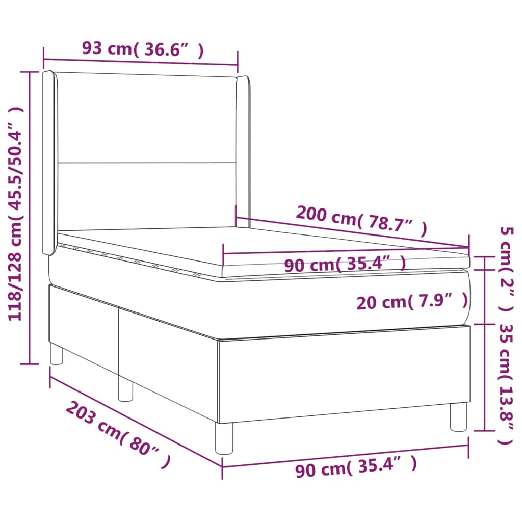 vidaXL Κρεβάτι Boxspring με Στρώμα & LED Ροζ 90x200 εκ. Βελούδινο