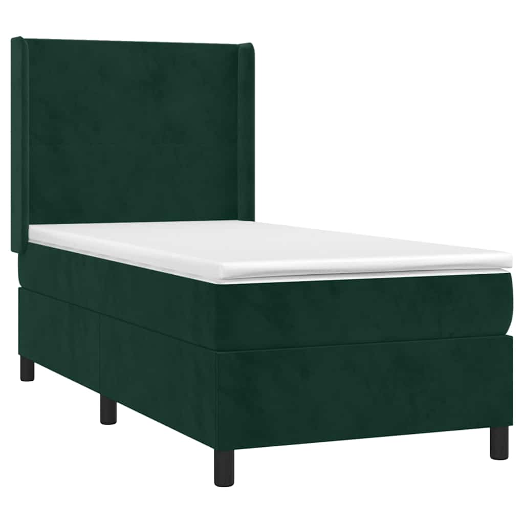 vidaXL Κρεβάτι Boxspring με Στρώμα & LED Σκ. Πράσινο 100x200εκ Βελούδο