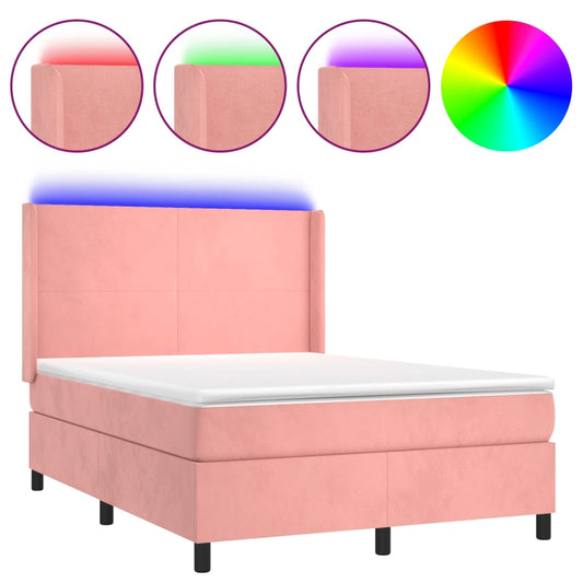 vidaXL Κρεβάτι Boxspring με Στρώμα & LED Ροζ 140x190 εκ. Βελούδινο