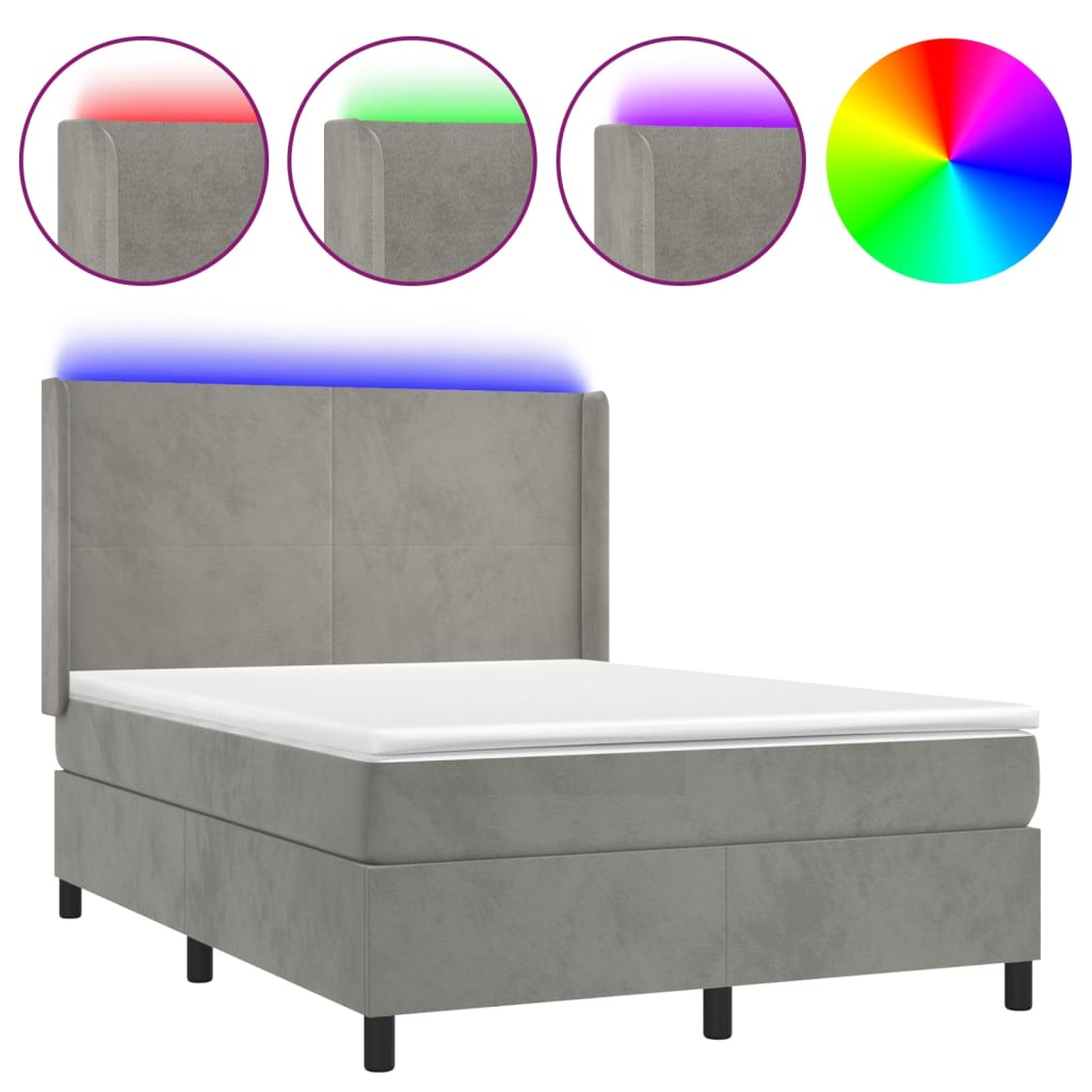 vidaXL Κρεβάτι Boxspring με Στρώμα & LED Αν.Γκρι 140x200 εκ. Βελούδινο