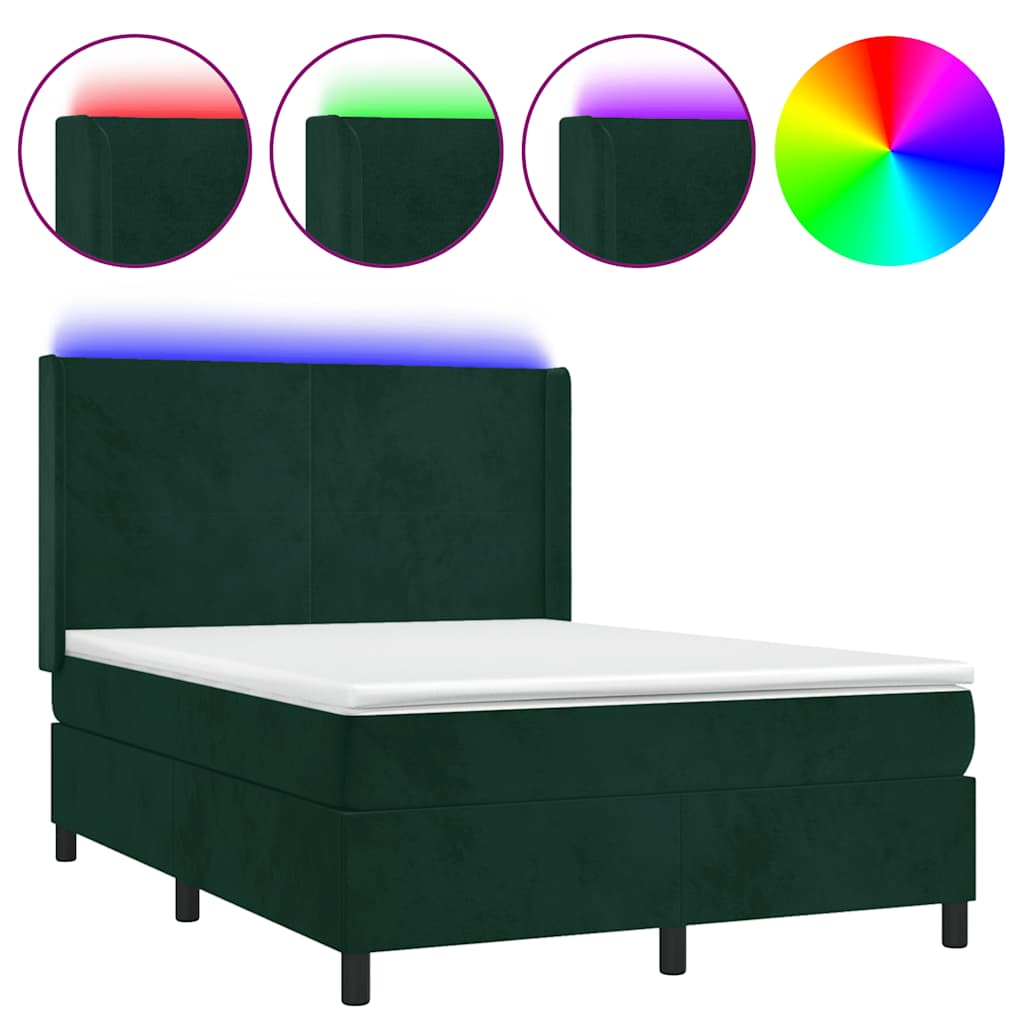 vidaXL Κρεβάτι Boxspring με Στρώμα & LED Σκ. Πράσινο 140x200εκ Βελούδο