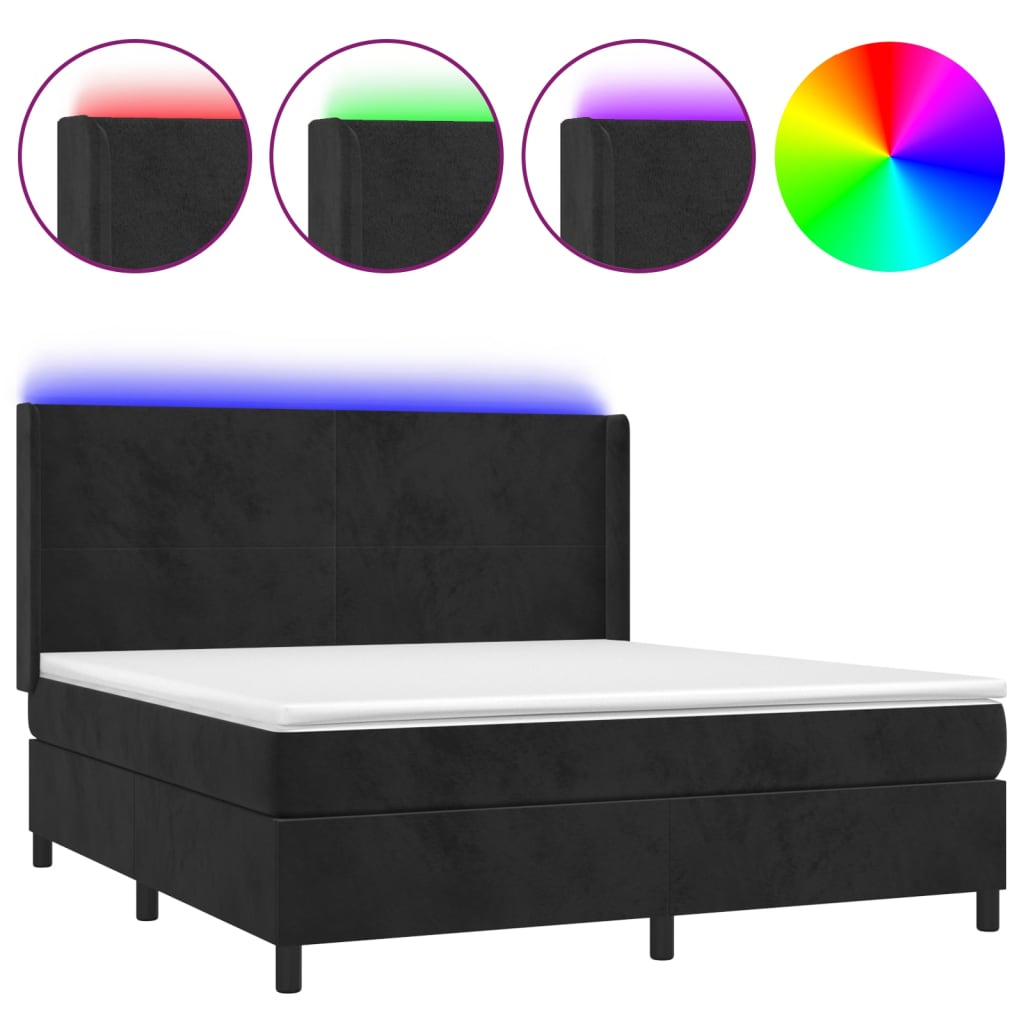 vidaXL Κρεβάτι Boxspring με Στρώμα & LED Μαύρο 180x200 εκ. Βελούδινο