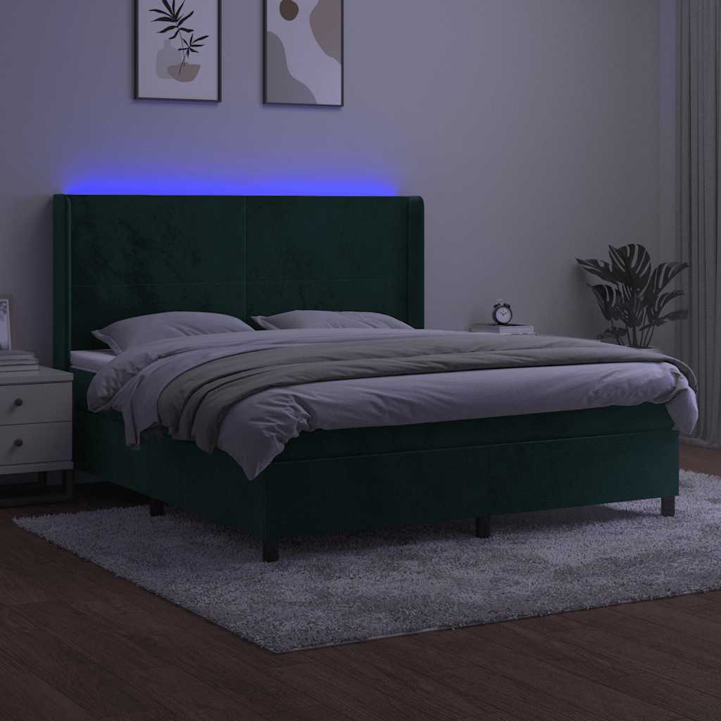 vidaXL Κρεβάτι Boxspring με Στρώμα & LED Σκ. Πράσινο 180x200εκ Βελούδο